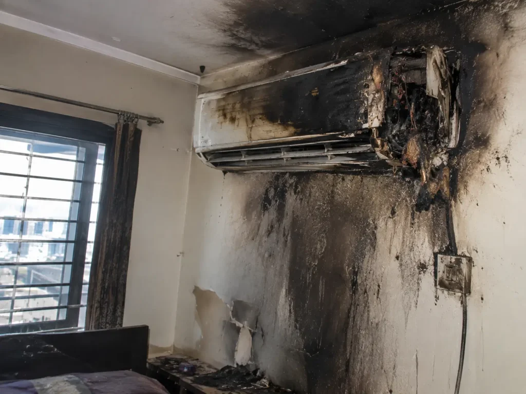 Fire-Damaged Room with Charred Air Conditioner